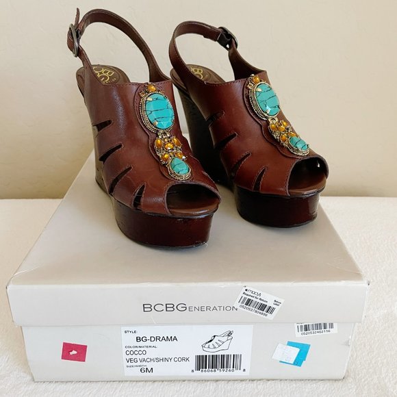 New BCBGeneration Sandals 6 BG-Drama Brown Turquoise Bead Stone Platform Wedge - Picture 1 of 12